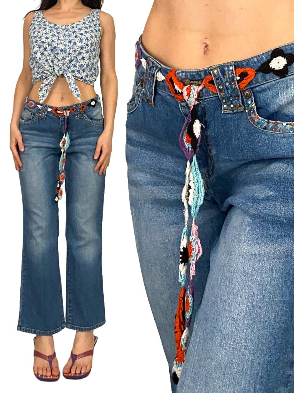 2000s embellished and crochet crop flare jeans